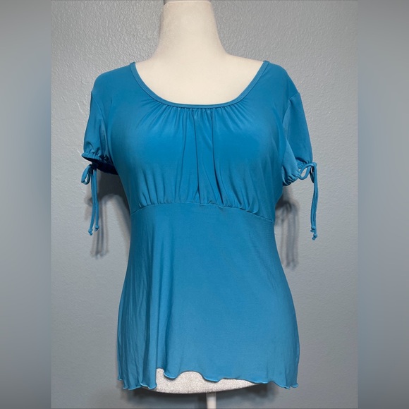 Suze couture Tops - Teal Empire Waist Blouse Ruched Tie Sleeve Flowy Stretch Top Babydoll Large